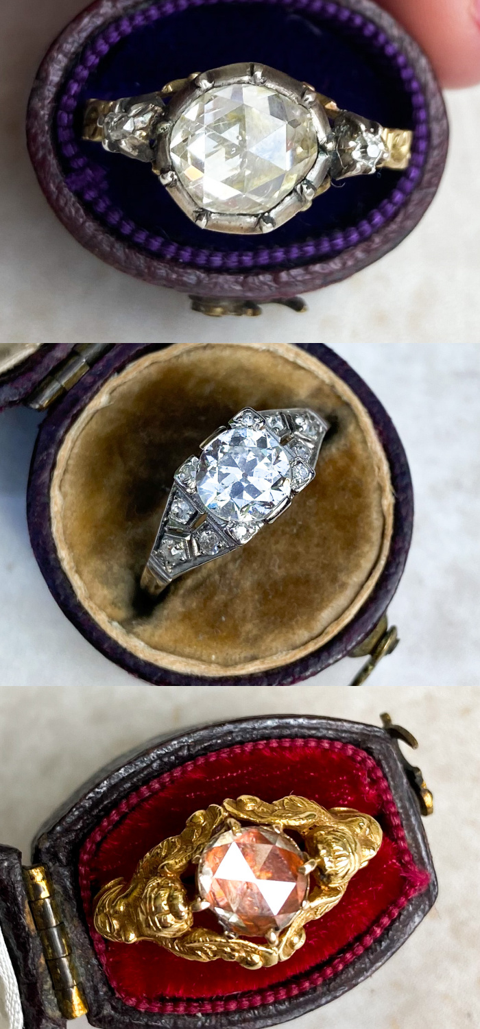 Antique diamond rings from Audrey & Wolf. Two rose cut diamonds and an Old European cut diamond. Stunning antique engagement rings!