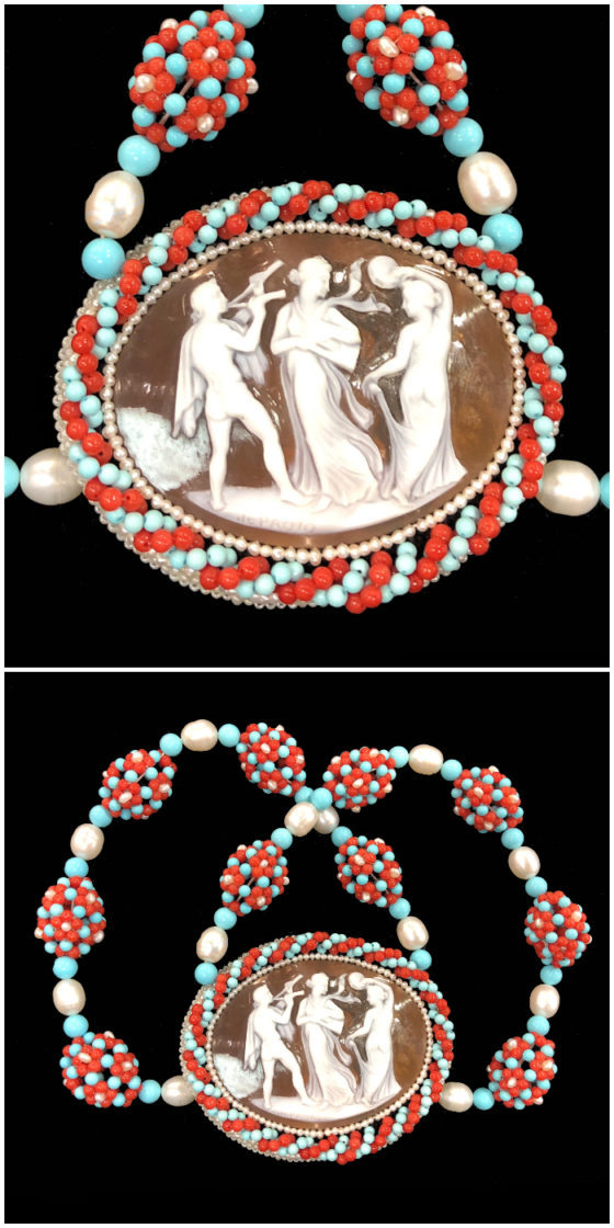 A beautiful custom necklace by Carada - a vintage cameo surrounded by coral, pearl, and turquoise beadwork.