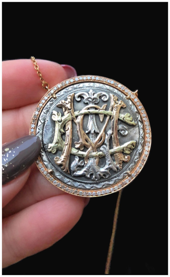An extraordinary Victorian era love pendant token by Heavenly Vices! This one has intricate initials in gold.