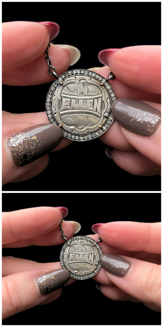 An extraordinary Victorian era love pendant token by Heavenly Vices! This one is engraved with the name 'Ellen' and set with diamonds.