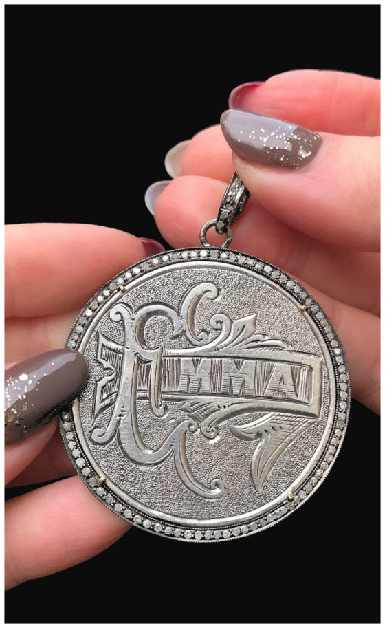 An extraordinary Victorian era love pendant token by Heavenly Vices! This one is engraved with the name 'Emma' and set with diamonds.