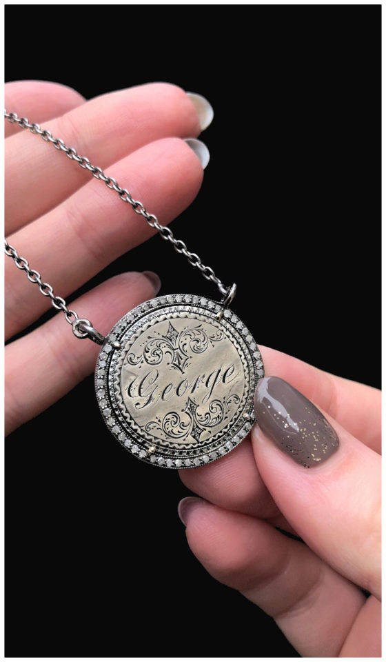 An extraordinary Victorian era love pendant token by Heavenly Vices! This one is engraved with the name 'George' and set with diamonds.