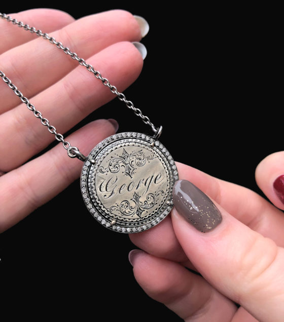 An extraordinary Victorian era love pendant token by Heavenly Vices! This one is engraved with the name 'George' and set with diamonds.