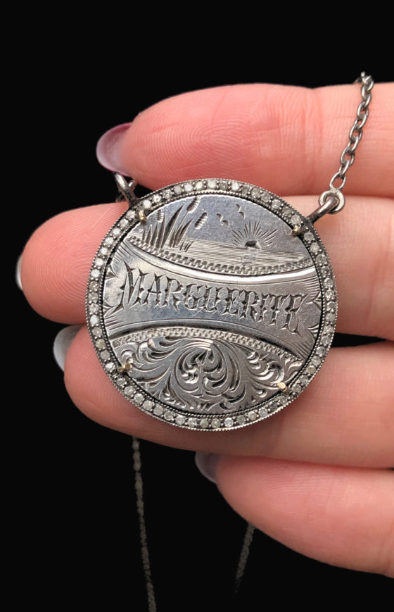An extraordinary Victorian era love pendant token by Heavenly Vices! This one is engraved with the name 'Marguerite' with diamonds.