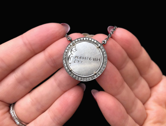 An extraordinary Victorian era love pendant token by Heavenly Vices! This one is engraved with the words 'Excuse me' and set with diamonds.