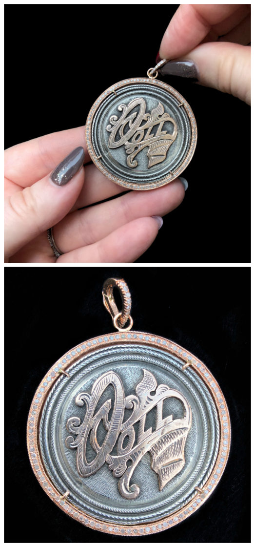 An extraordinary Victorian era love pendant token by Heavenly Vices! This one says 'Doll,' with rose gold accents!