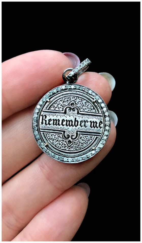 An extraordinary Victorian era love pendant token by Heavenly Vices! This one says 'Remember me' in black enamel, with diamonds.