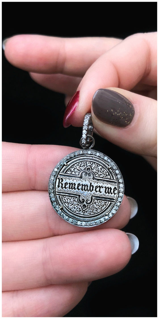 An extraordinary Victorian era love pendant token by Heavenly Vices! This one says 'Remember me' in black enamel.