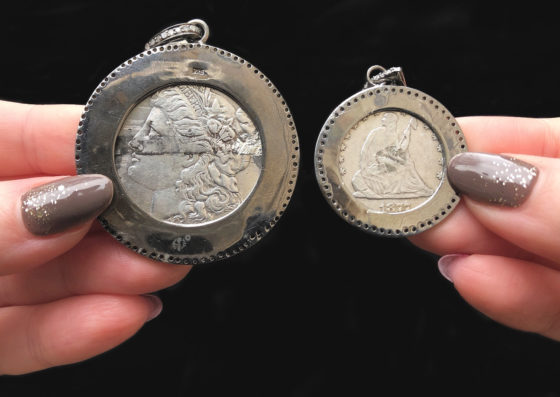 Heavenly Vices collects Victorian era love tokens made from coins and sets them into beautiful jewelry. 