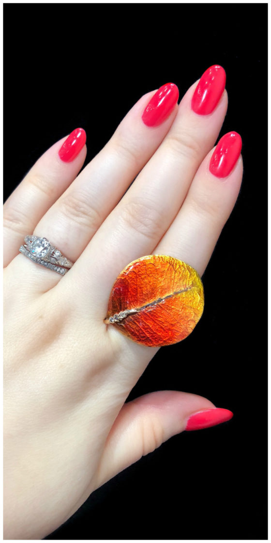 I'm falling hard for this fall leaf ring by Vendorafa! Enamel and diamonds in gold.
