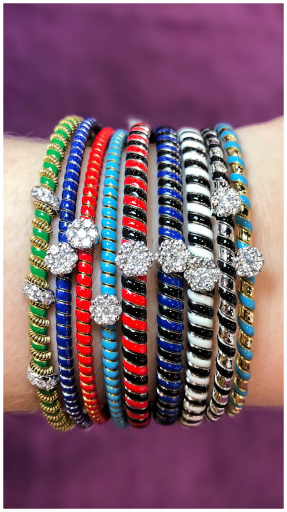 I'm obsessed with the bright colors of these enamel and diamond bracelets by Oro Trend!