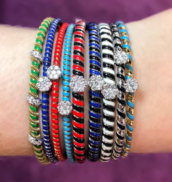 I'm obsessed with the bright colors of these enamel and diamond bracelets by Oro Trend!