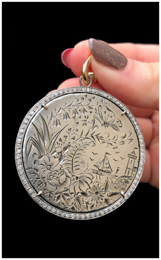 Look at the beautiful scene on this Victorian era love token! It's been set into a pendant by Heavenly Vices.