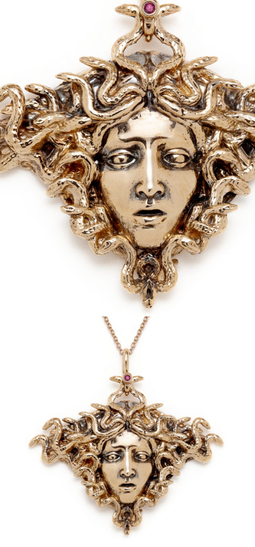 The Medusa necklace by Sofia Zakia. Handmade in 14k yellow gold, with ruby.