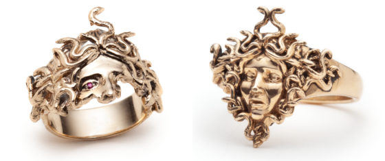 The Medusa rings by Sofia Zakia. Handmade in 14k yellow gold, with or without a ruby.