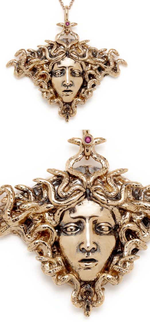 The beautiful Medusa necklace by Sofia Zakia. Handmade in 14k yellow gold, with ruby.