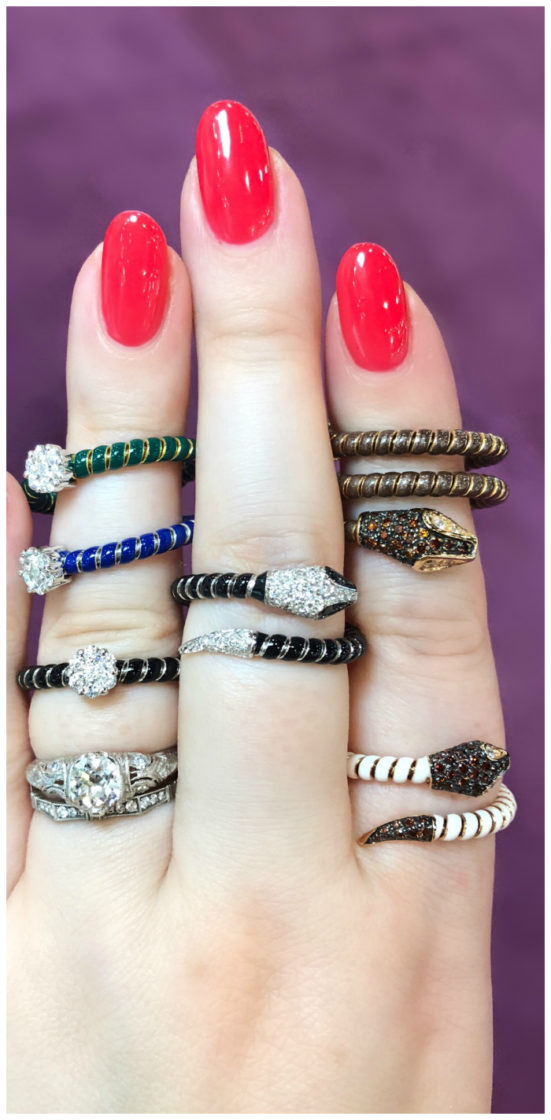 These enamel and diamond rings by Oro Trend are so fun - I especially love the snakes!