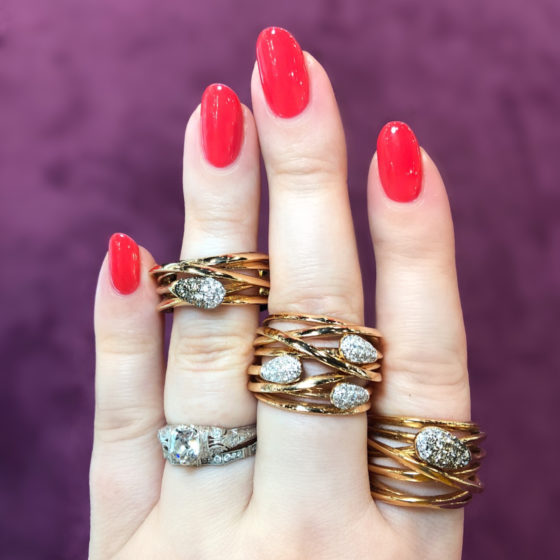 Three beautiful gold and diamond rings by K di Kuore! Spotted at the Italian Pavilion at JIS Miami. 