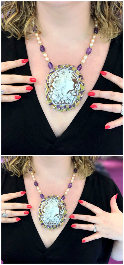 Trying on one of Carada's beautiful cameo creations! Custom hand beadwork adorning a vintage cameo.