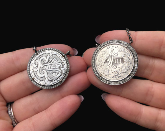 Two Victorian era love pendant token by Heavenly Vices! One is engraved with the name 'Emily' and the other 'Will'