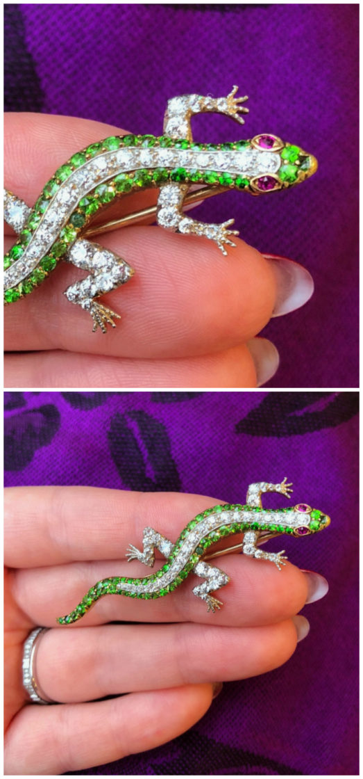 A beautiful antique demantoid garnet and diamond lizard pin from Wilson's Estate Jewelry!