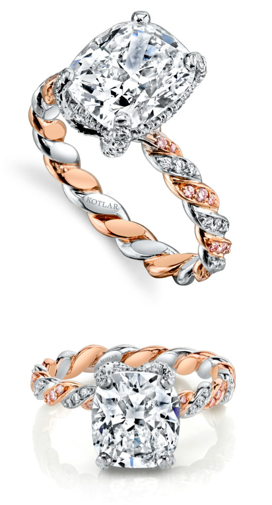 A beautiful engagement ring by Harry Kotlar! I love the rose gold and pink diamond details on the band.