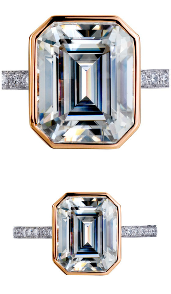 A stunning platinum and rose gold engagement ring by Mark Patterson, with a wonderful emerald cut diamond.