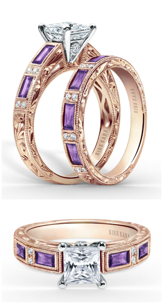 I love this rose gold, amethyst, and diamond wedding set by Kirk Kara! That engagement ring is stunning.