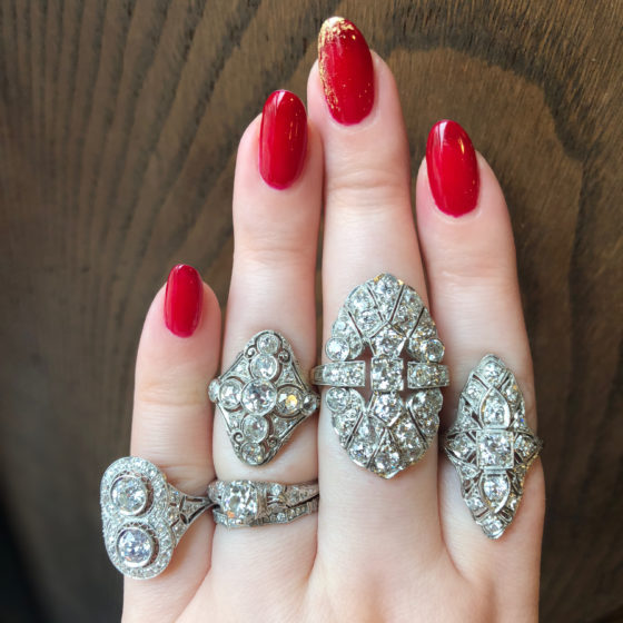 Incredible antique and vintage diamond rings from Wilson's Estate Jewelry!! I love that Art Deco style.