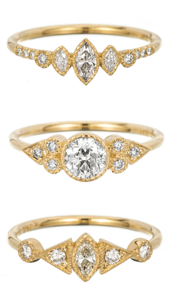 Three yellow gold and diamond engagement rings by Jennie Kwon.