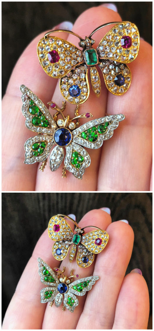 Two beautiful antique butterfly brooches with gemstones and diamonds. From Wilson's Estate Jewelry. ..