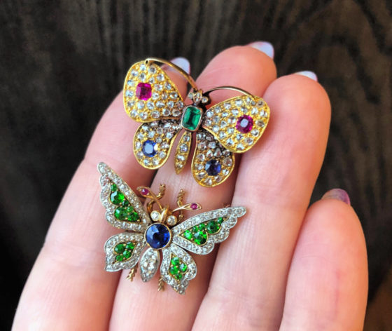 Two beautiful antique butterfly brooches with gemstones and diamonds. From Wilson's Estate Jewelry.