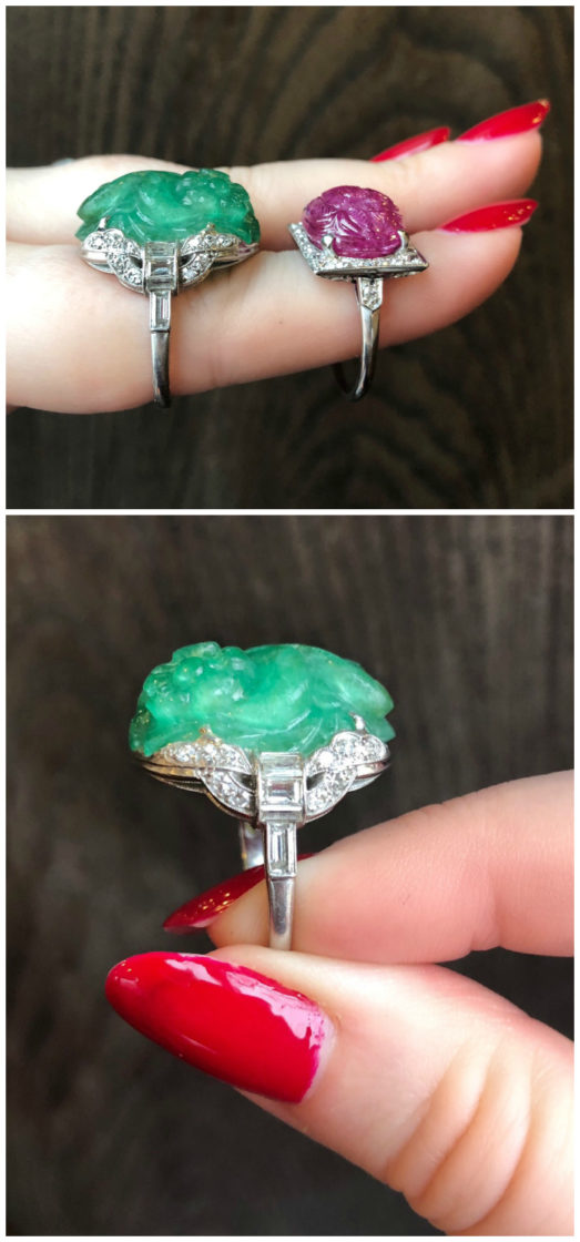 Two utterly exquisite antique rings from Wilson's Estate Jewelry! One with a carved emerald, one with a ruby. Art Deco era.
