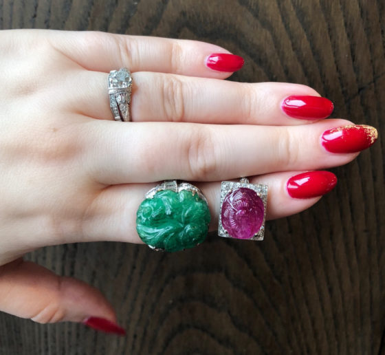 Two utterly exquisite antique rings from Wilson's Estate Jewelry!! One with a carved emerald, one with a ruby. Art Deco era.