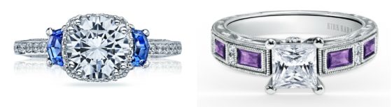 I love an engagement ring with a pop of color! Sapphire and diamond by Tacori, amethyst and diamond by Kirk Kara.