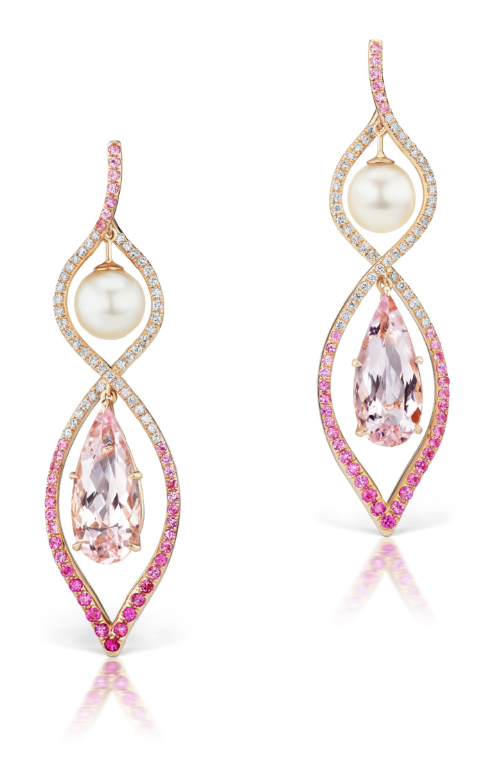 The pink Spiral earrings by Alexia Connellan, with morganite, pink sapphire, and akoya pearls.