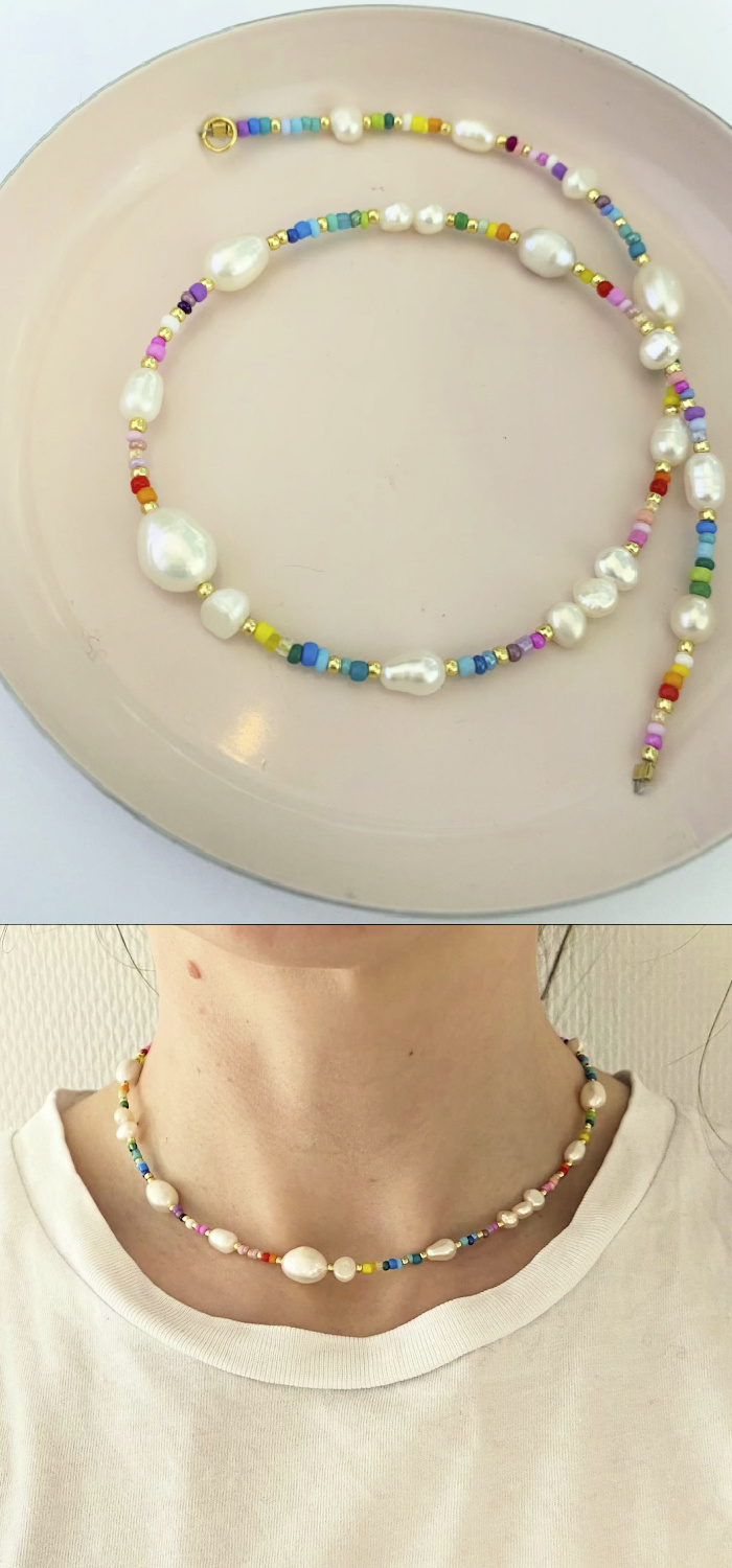 This cheerful rainbow bead and pearl necklace is from Pearls by Mimmi.