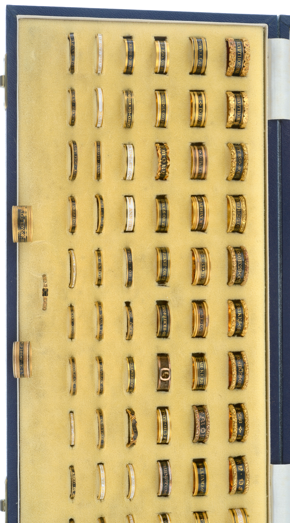 This historic mourning ring collection spans 100 years and includes 63 gold and enamel Georgian and William IV mourning rings.