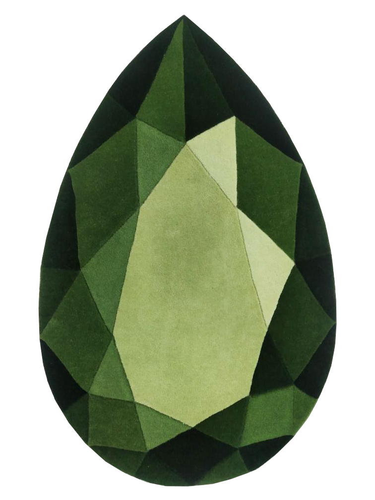 Gemstone rug from Wear the House; pear cut shape in emerald or peridot green color