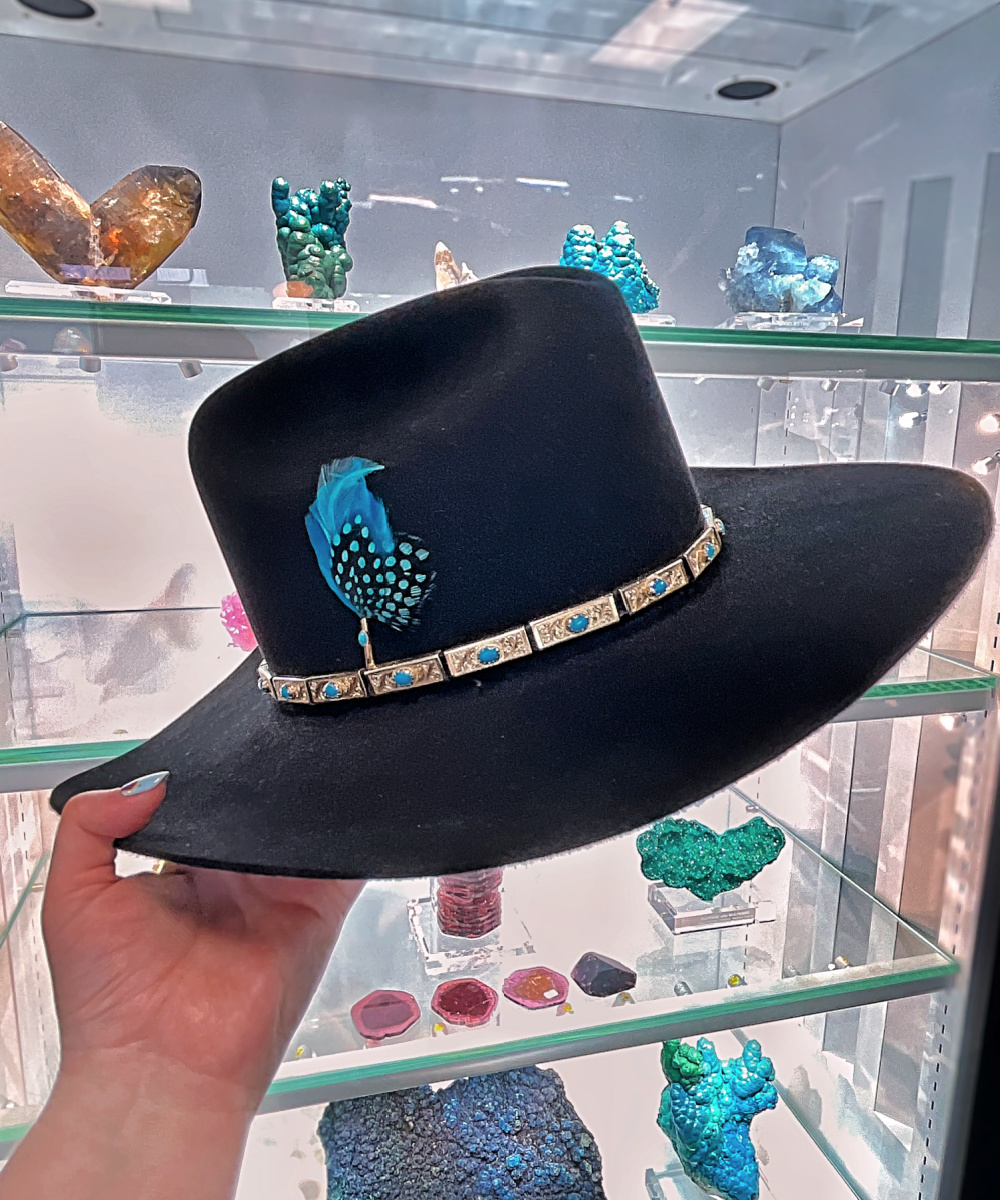 Men's cowboy hat with 14K yellow gold and turquoise hat band, by Eric E. Wright of Village Goldsmith and Antiques.