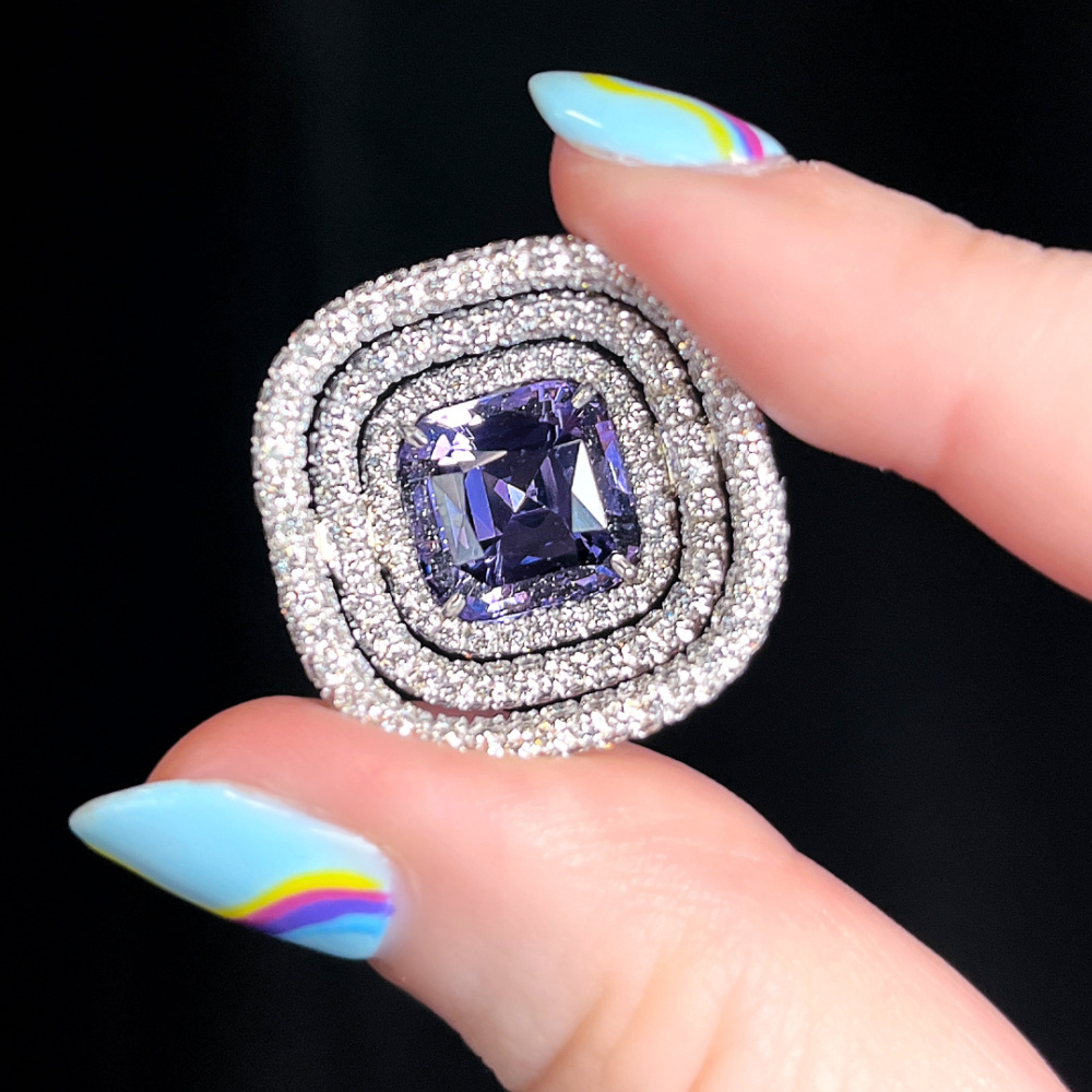 Platinum 'Stadium' ring by B&V Diamonds with a 6.66 ct natural Spinel and accent Diamonds (3.77 ctw.) and Sapphires (.72 ct).