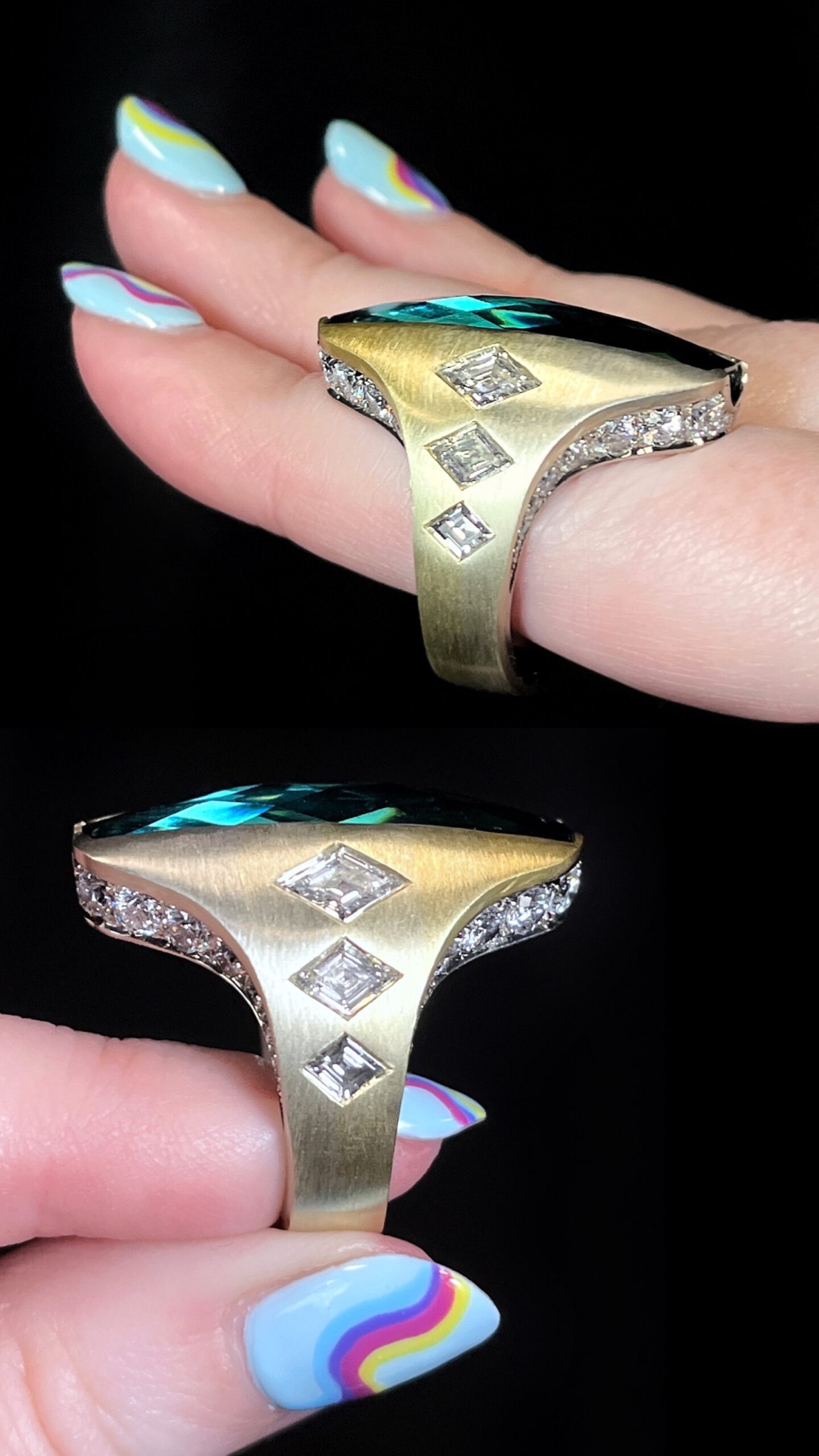 14K SpectraGold Atlantis ring with a 13.50 ct Indicolite Tourmaline accented with Diamonds. By Adam Neeley Fine Art Jewelry.