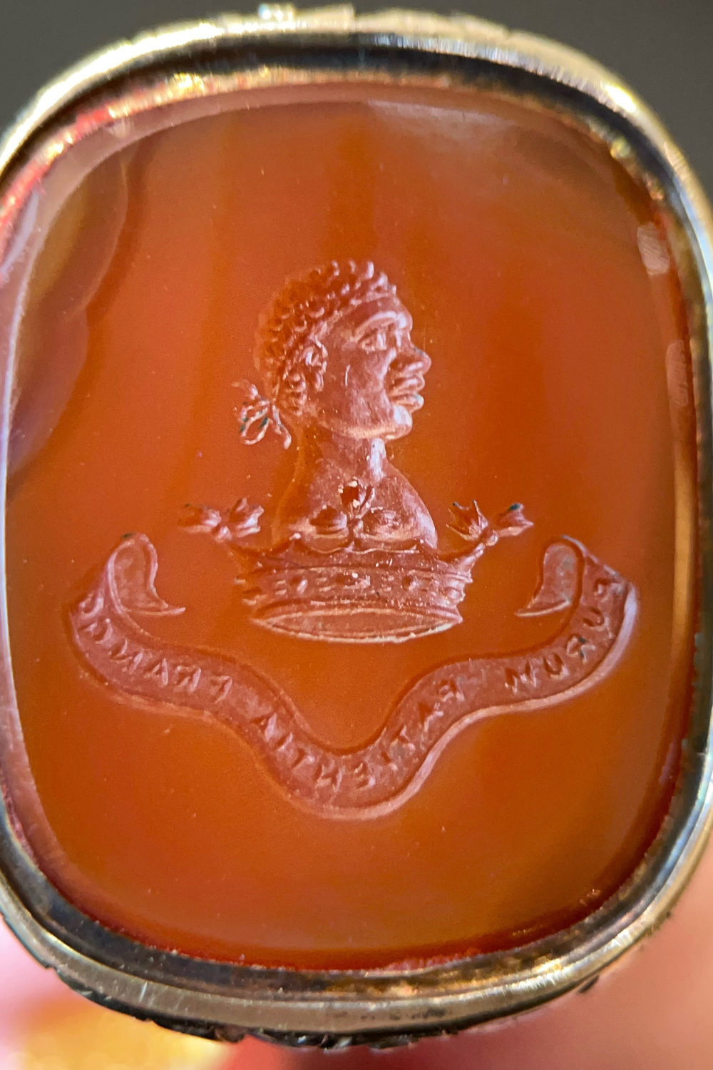 19th century fob with carved carnelian seal encouraging the abolition of slavery in France. Antique abolitionist jewelry from The Spare Room Antiques.