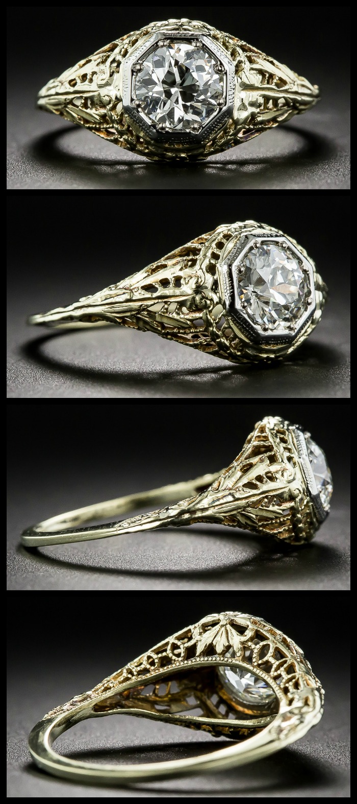Antique Art Deco engagement ring with yellow gold filigree and an old